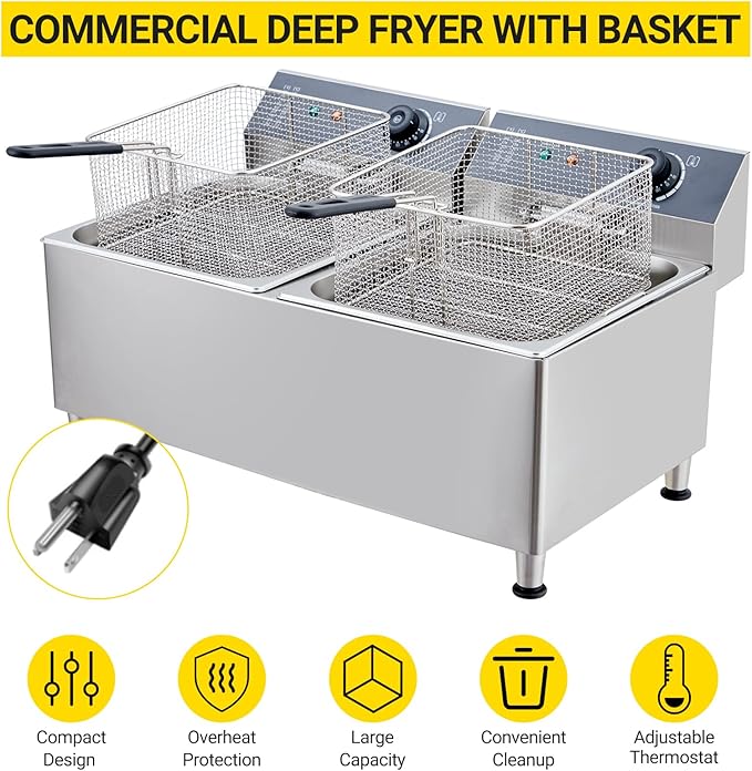 Twin 11L Commercial Deep Fryer | Dual 201 Stainless Steel Tanks with 2 Baskets & Lids | 3400W Total (1700W x 2) 110V for Restaurant & High-Volume Use