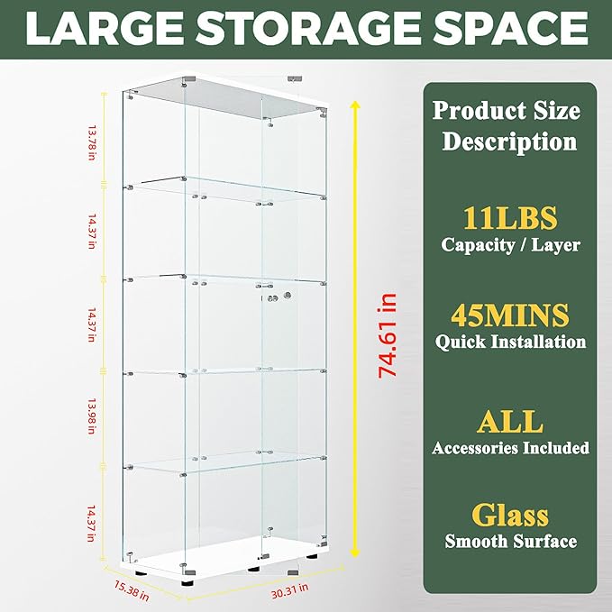 Glass Display Cabinet with LED, 5 Shelves with 2 Doors, Curio Storage Cabinets with Lock for Living Room, Office, Floor Standing Glass Bookshelf, Quick Installation - White