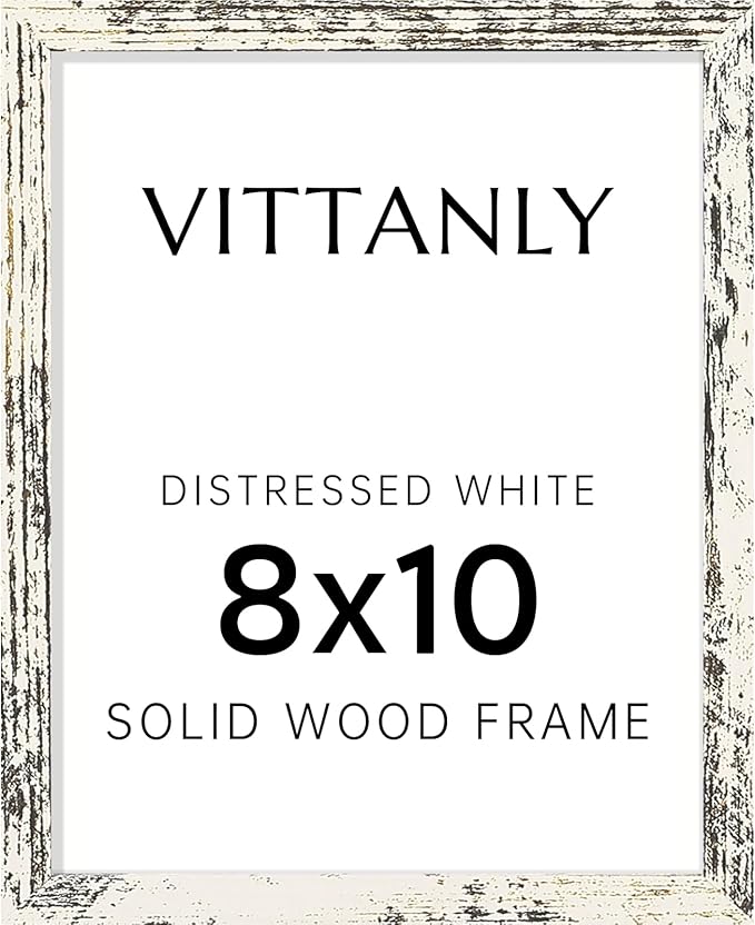 Vittanly 8x10 Picture Frame, Solid Wood Frame with Plexiglass, Includes 5x7 Mat, Wall Hanging or Tabletop for Home Decor, Distressed White, 1 Pack