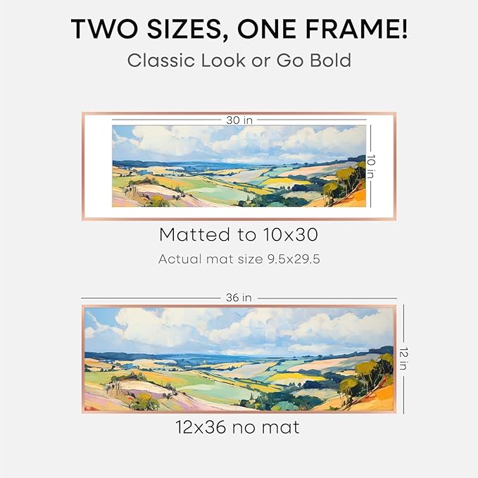 Homeforia 12x36 Rose Gold Picture Frame, High End Metal 12by36 Poster Frames with Mat 10x30 Photo, 12 x 36 Rose Gold Frames Matted to 10 x 30, 36x12 Panoramic Frame, Tempered Glass, Wall Kit, Set of 1