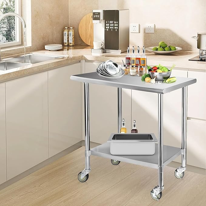 STABLEINK NSF Stainless Steel Prep Table with Wheels 30 x 36 Inches 3ft, Metal Workbench with Adjustable Lower Shelf, for Commercial Kitchen, Restaurant, Hotel, Laundry and Garage