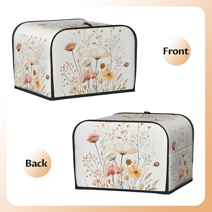 4 Slice Toaster Cover for Kitchen Watercolor Flower Botanical Waterproof and Dustproof Toaster Dust Cover with Side Pockets Decorative Universal Cover for Wide Slot Toasters and Small Appliances