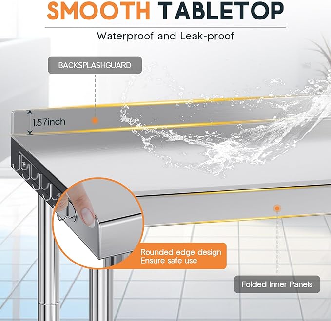 Jocisland 30" x 82" Stainless Steel Table for Prep & Work with Backsplash, Adjustable Under Shelf & Safe Design for Restaurant, Home and Outdoor