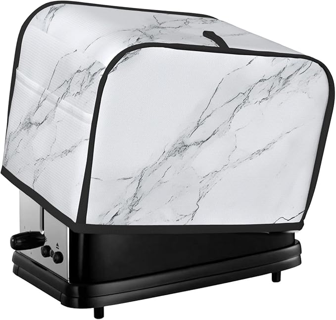 2 Slice Toaster Cover for Kitchen Marble White Gray Waterproof and Dustproof Oxford Fabric Toaster Dust Cover with Side Pockets Decorative Universal Cover for Wide Slot Toasters and Small Appliances