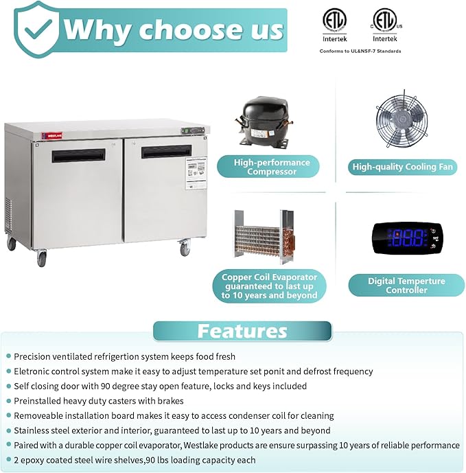 WESTLAKE 48"" W Commercial Refrigerator Worktop Undercounter Refrigerator 12 Cu.ft Double Door Stainless Steel Counter Fan Cooling Refrigerator Food Prep Station for Restaurant, Bar, WKTR-48B