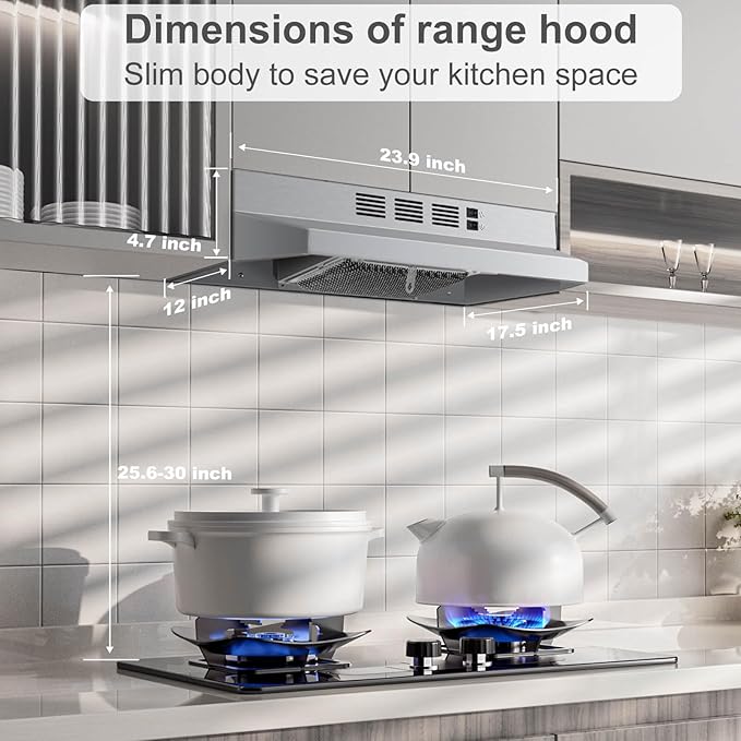 SNDOAS Under Cabinet Range Hood 24 inch,Ductless Range Hood Convertible Ducted, Kitchen Hood 24 inch,Stainless Range Hood with 2-speed Fan,Rocker Switch,Hard-wired Hood Vents for Kitchen
