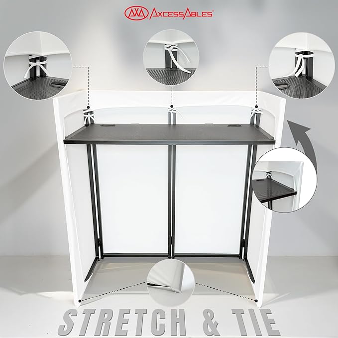 AxcessAbles Portable White DJ Facade Booth with Carry Case – 40" x 20" Tabletop, Steel Frame, and White Scrim | White DJ Table | Event Booth (ES-01X)