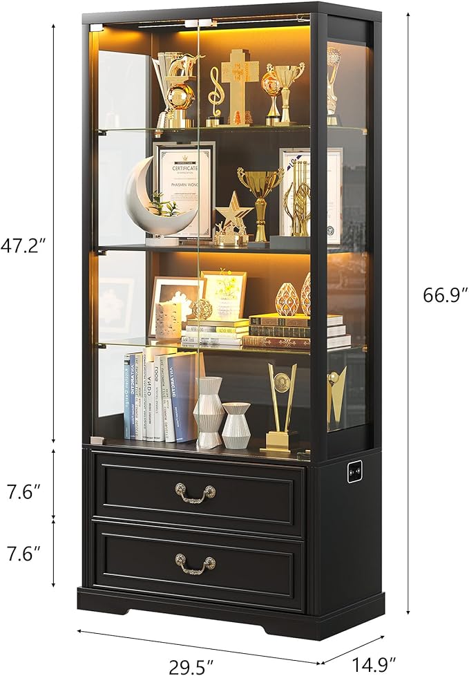 67" Tall Display Cabinet with Glass Doors and 2 Drawers, Adjustable Glass Height Bookcase, Curio Cabinet with 3 LED Lights and Human Body Sensor (Black)
