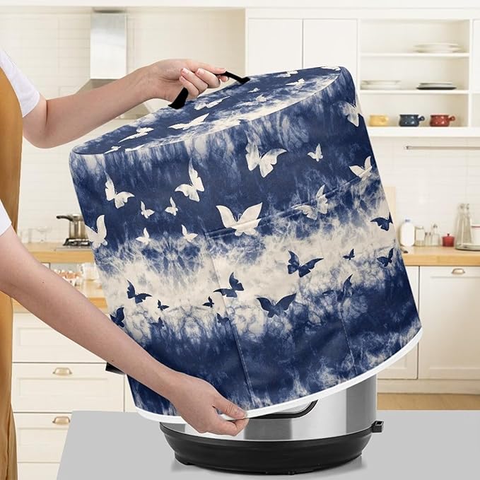 Flashideas Blue Butterfly Pressure Cooker Cover for Women Dust Protection Insulated Rice Cooker Cover Water Resistant Dust Cover with Pockets for Instant Pot 6 Quart Vintage Appliance