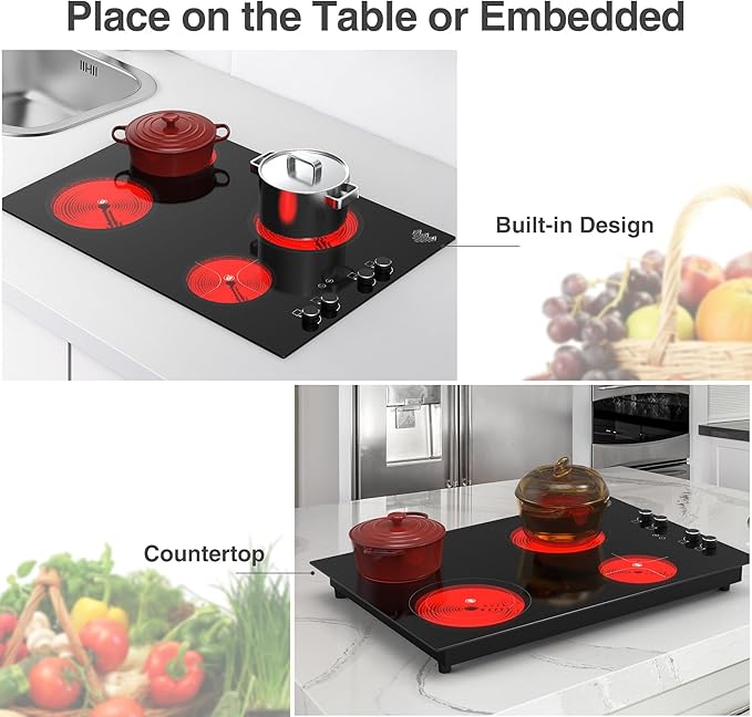 4 Burner Electric Cooktop,7200W Built-in & Countertop 4 Burner Electric Stove Top with 9 Power Levels, Child Safety Lock & 99mins Timer, 30 inch Electric Cooktop 220-240V (No Plug)