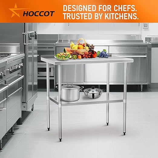 HOCCOT Stainless Steel Table 30" x 36" with Adjustable Undershelf and Backsplash, Commercial Metal Workstations for Kitchen, Garage, Outdoor BBQ