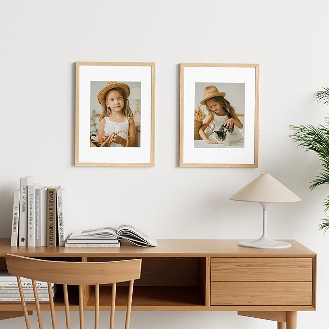 Vittanly 12x16 Picture Frame Set of 2, Solid Wood Frame for Wall Art Photo and Prints, Display Photo 8.5x11 with Mat or 12x16 without Mat, Natural