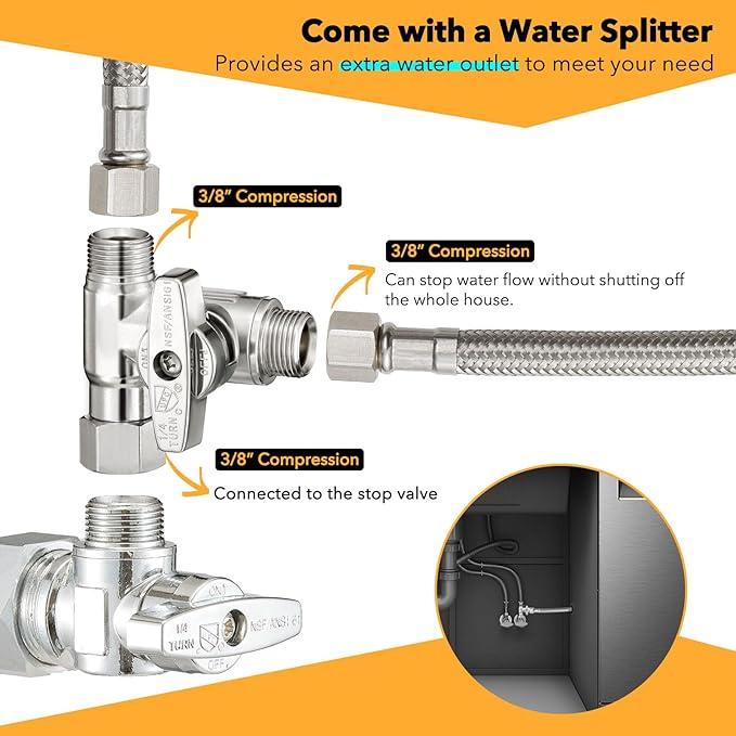 Dishwasher Hose Installation Kit - Includes Water Supply Line, 3/8" Compression Water Splitter, 3/4" FHT Elbow, and 3/8" MIP Elbow (20 FT)