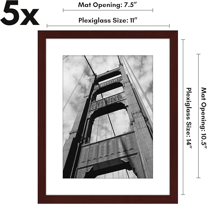 Americanflat 11x14 Picture Frame with Polished Plexiglass - Set of 5 - Use as 8x11 Frame with Mat or Display 11x14 Photo Without Mat - Galleria Collection - Picture Frames for Wall Display - Mahogany