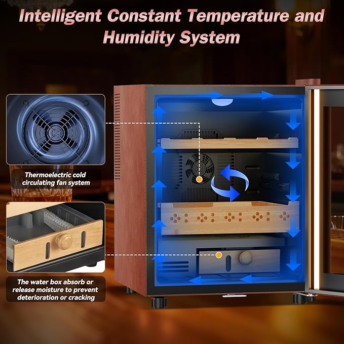 Electric Humidor with Leather-50L Cooling & Heating Humidor, Smart Touch Control Humidity & Temp, Humidors wtih Spanish Cedar Wood Tray, Digital Display, Safety Lock, Desktop Gift for Men