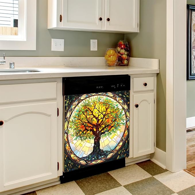Tree of Life Spring Dishwasher Magnet Cover Rainbow Tree of Life Glass Dishwasher Decorative Cover Front Dishwasher Door Cover Reuseable Dishwasher Cover for Kitchen Home Appliances 23" X 26"