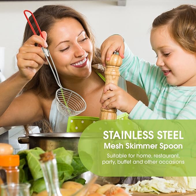 Geiserailie 6 Pieces 6 Pieces Hot Pot Kit Strainer Scoops Stainless Steel 2.5 Inch Mini Spider Strainer Skimmer Pasta Mesh Spoon Asian Skimmer Spoon Ladle with Handle for Home (Red)