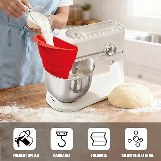 Flour Funnel for Kitchen Mixer，Silicone Funnel with Easy-Pour Attachment Fits 4.5 & 5Quart Tilt-Head Mixers, Easy Clean Durable Mess-Free Baking Accessory ((red,KSM150)
