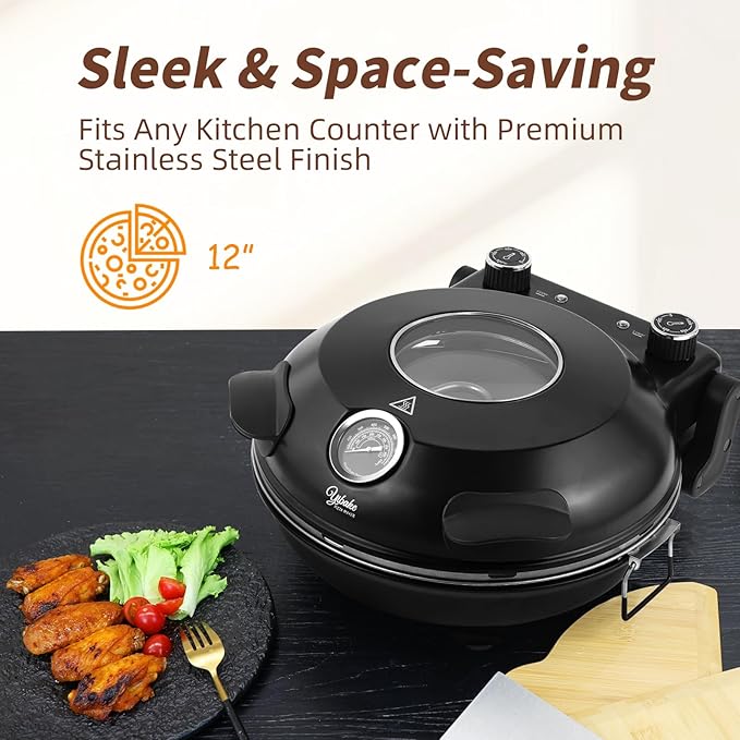 12" Electric Pizza Oven - Countertop Pizza Maker with Ceramic Stone, Heats up to 800°F, Portable Indoor Pizza Oven for Homemade Pizzas, Black