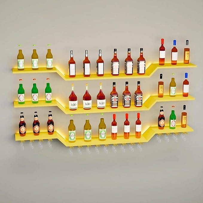 55.1" Wall Mounted LED Wine Rack, 3-Tier Floating Bar Shelves, Large Liquor Shelf with Wine Glass Rack, Large Bar Rack Wall Mounted for Liquor Bottles, Home Bar, Dining Room or Cafe, Gold