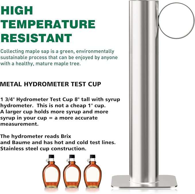 Maple Syrup Hydrometer Test Cup Kit - Maple Syrup Density Kit, Baume and Brix Scale, Stainless Steel Maple Syrup Kit with Cleaning Brush - Calibrated to Create Pure Maple Syrup