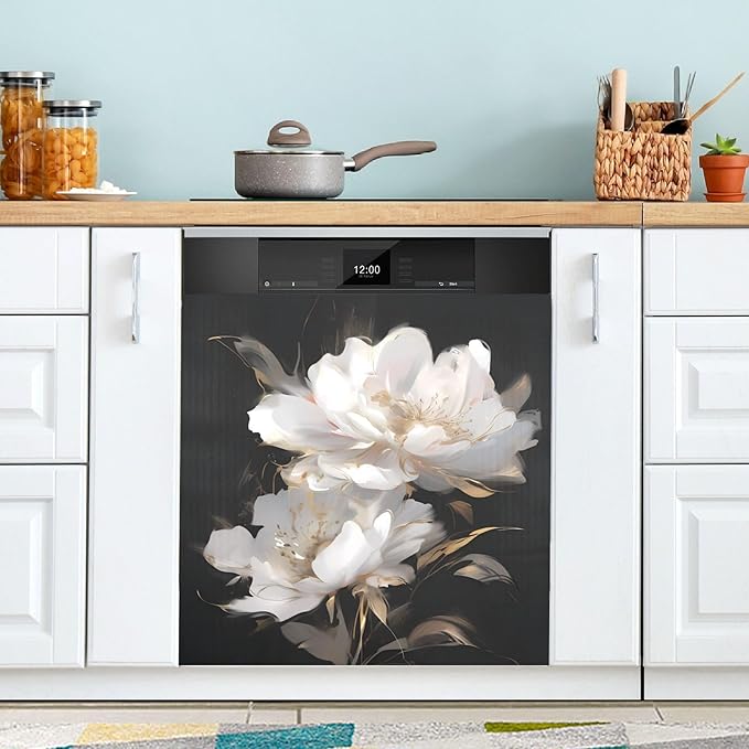 senya Dishwasher Magnet Cover Panel for The Front Pure White Flowers Dish Washer Door Sticker