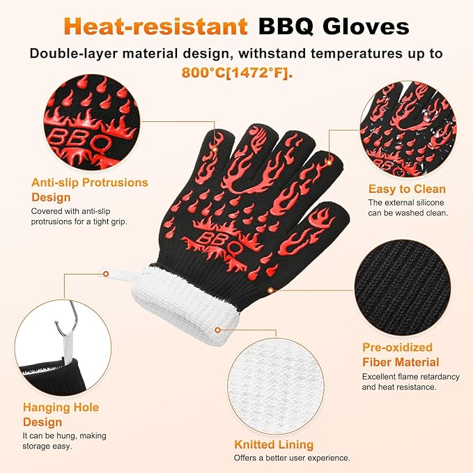 1-Pair BBQ Gloves, 1472°F Heat Resistant Non-Slip Grilling Oven Gloves for Barbecue/Baking/Cooking [S Size, Red]