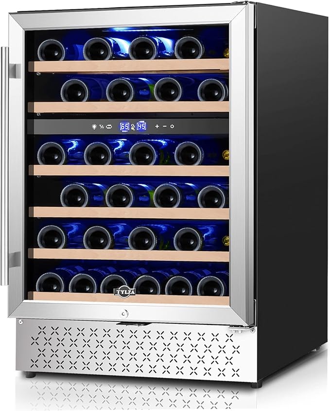 Tylza 24'' Wine Fridge, Dual Zone Wine Refrigerator, 54 Bottles, Lock, Glass Door, Built-in Compressor, 6 Adjustable Shelves, Undercounter or Freestanding, Wine Cooler Refrigerator for Home Bar Office