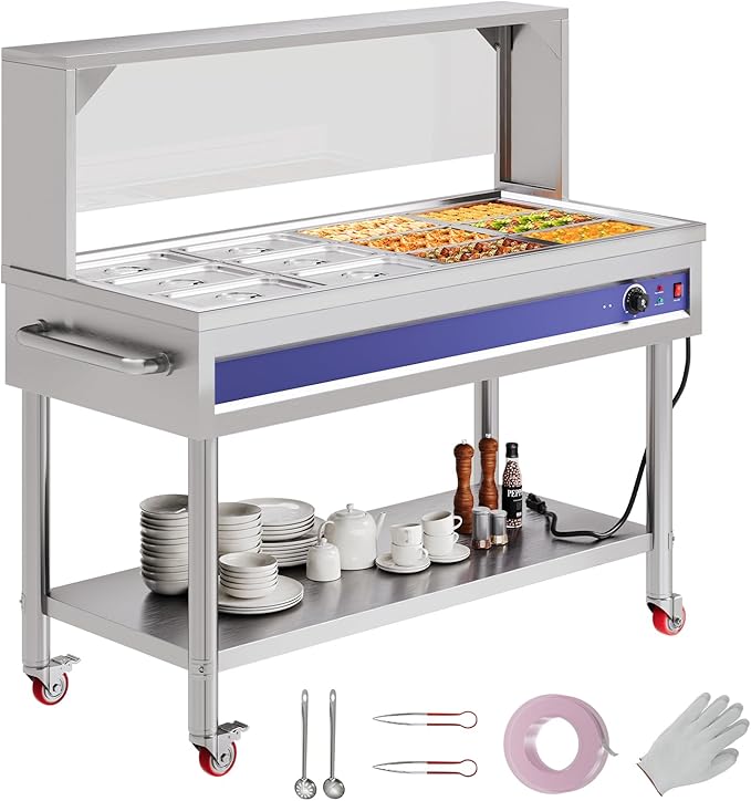 Jocisland 12-Pan 96QT Commercial Food Warmer, 1500W Stainless Steel Steam Table with Top Shelf, Lids, Food Tongs, Undershelf, Wheels, 110V Temp Control for Catering