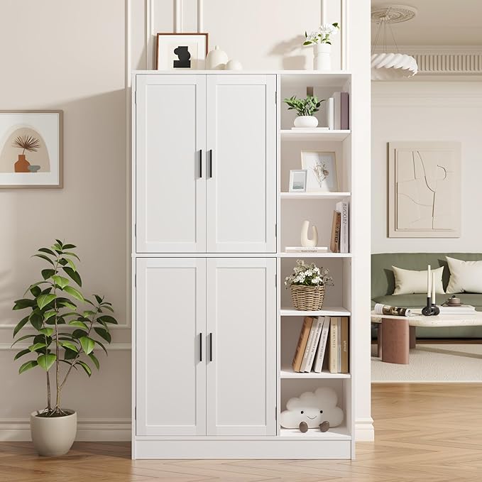 63" Tall White Kitchen Pantry, Freestanding Storage Cabinet with 4 Doors, Adjustable Shelves for Dining Room, Laundry Room