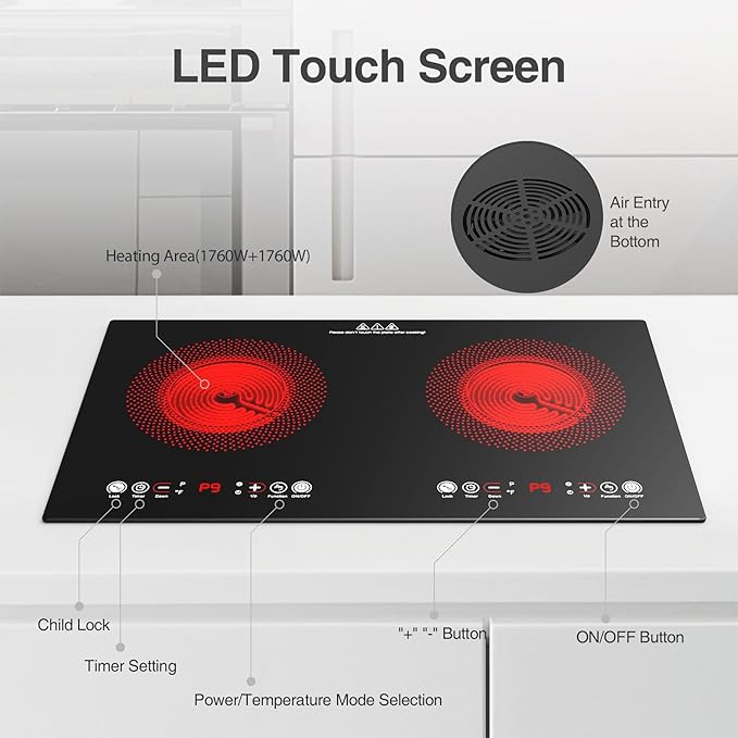 VBGK Electric cooktop,110V 24 inch 2 Burner Electric Cooktop,Built-in and Countertop Stove Top,2200W Stove,9 Power Levels, Kids Lock & Timer,LED touch control,Overheat Protection