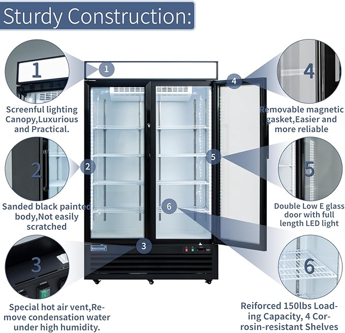 ICECASA 48" W Merchandiser Commercial Display Refrigerator Double Glass Door Reach-in 36 Cu.ft Display Refrigerator Fan Cooling for Restuarant, Bar, Shop, etc