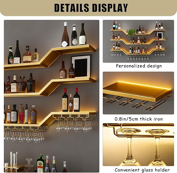 63in Modern LED Wine Rack Wall Mounted, 3-Tier Floating Bar Shelves with Wine Glass Rack, Large Hanging Liquor Shelf Wall Mounted, for Home Bar Dining Room Cafe Decorative (Gold, 63in/160cm)