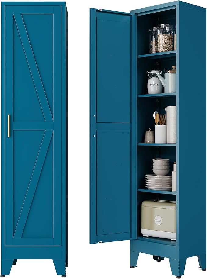 Narrow Bthroom Storage Cabinet Tall Metal Storage Cbinets with 4 Adjustable Shelves Freestanding 5 Tier Slim Pantry Cabinet for Kitchen Office Small Space
