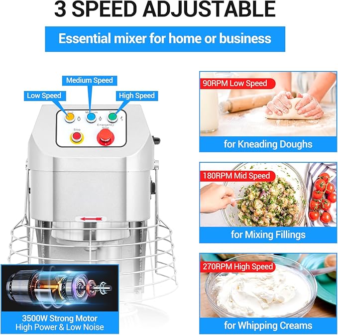 60Qt Commercial Food Mixer, 3500W Heavy Duty Dough Mixer 3-Speeds Adjustable,Electric Commercial Stand Mixer with Stainless Steel Bowl for Kitchenaid Bakery and Pizzeria,220V