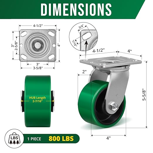 4 Inch Caster Wheels, Heavy Duty Caster with Strong Load-Bearing, Polyurethane Wheel on Steel Hub, Supports 800 lbs Each(2 Pack Swivel)