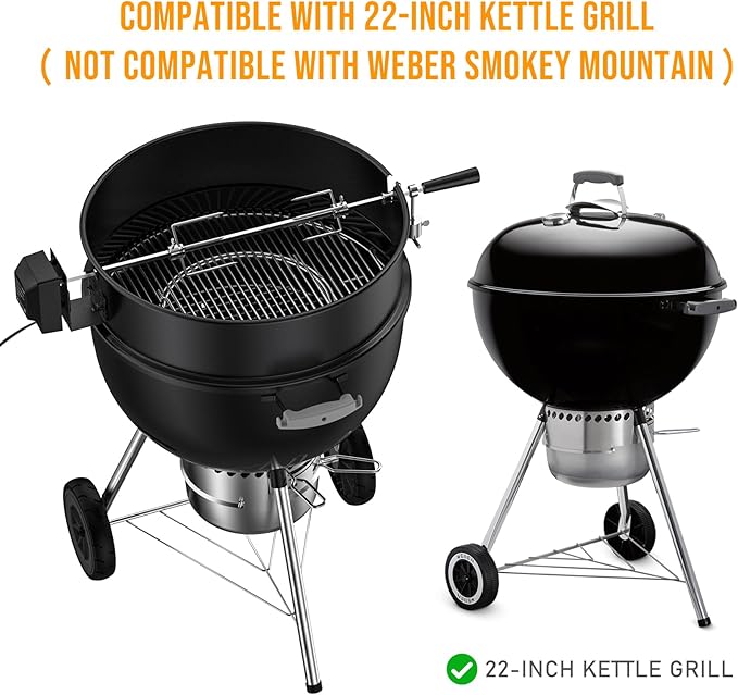 Skyflame Charkettle Rotisserie Ring Kit for Weber 22-Inch Kettle Charcoal and Other Similar Size Grills, Black Coated Steel BBQ Grill Rotisserie Kit Replacement for Weber 2290