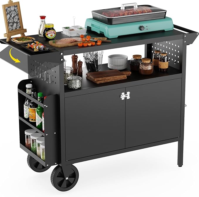 Grill Table,Outdoor Grill Cart with Storage,Outdoor Bar Cart with Wheels,Foldable Tabletop,Kitchen Island for Prep,Patio BBQ(Metal)
