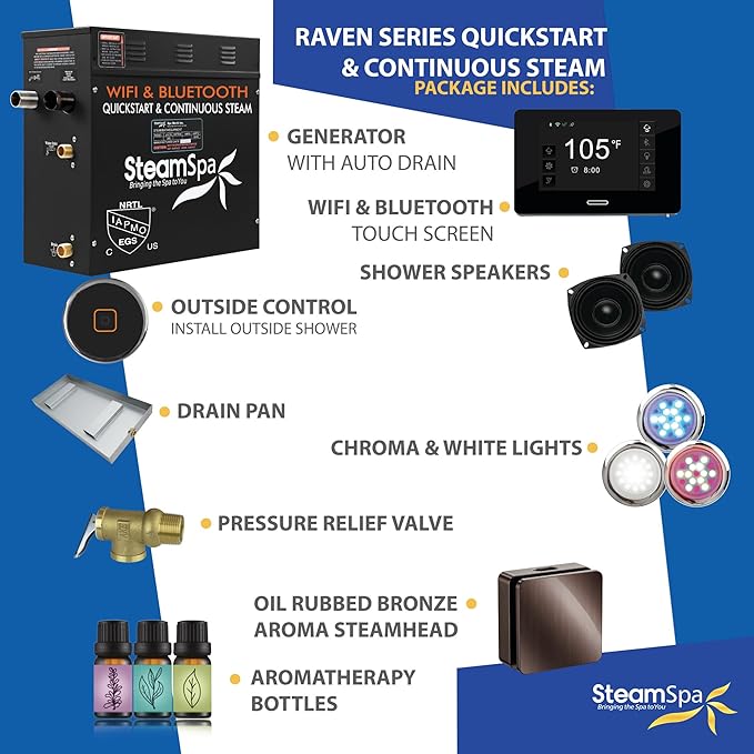SteamSpa Steam System 7.5kW Steam Shower Generator with Bluetooth Wifi, Quickstart Continous Steam, Advanced Touch Pad Screen, Chroma Lights, Drain Pan and Auto Drain Oil Rubbed Bronze RVBS750ORB-A