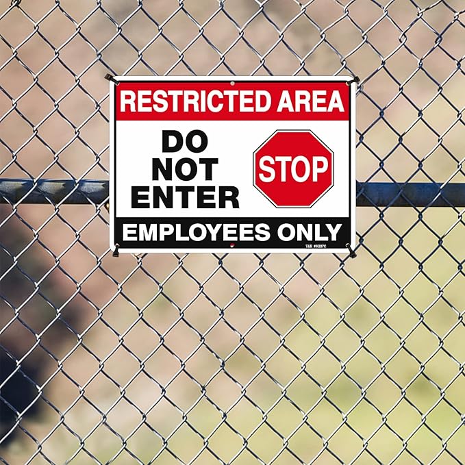 T&R Large Restricted Area Do Not Enter Employees Only Sign - 4 Pack - 14 x 10 Inches Rust Free .040 Aluminum - UV Protected, Waterproof, Weatherproof and Fade Resistant - 6 Pre-drilled Holes