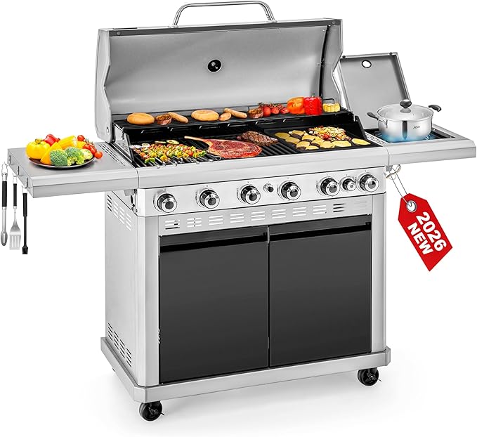 2 in 1 Propane Griddle Grill Combo, 6-Burner Propane Gas BBQ Grill with Porcelain-Enameled Cast Iron Grates & Plate, 42,000 BTU Combo Grill with Side Stove for Outdoor Cooking Camping Patio Backyard