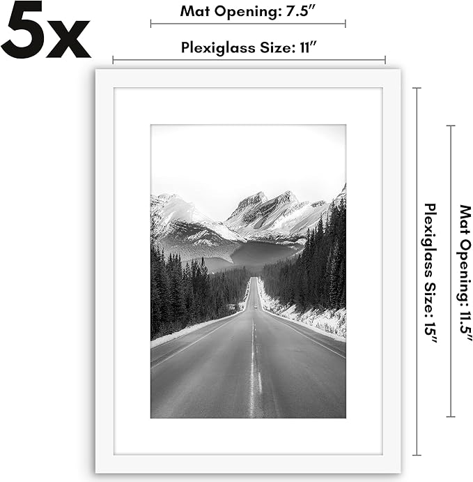 Americanflat 11x15 Picture Frame with Polished Plexiglass - Set of 5 - Use as 8x12 Frame with Mat or Display 11x15 Photo Without Mat - Galleria Collection - Picture Frames for Wall Display - White