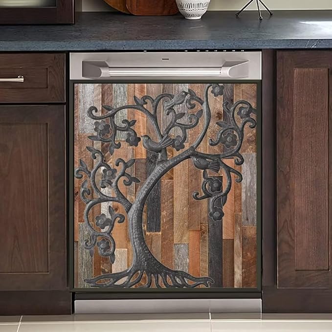 Tree of Life Dishwasher Magnet Cover Birds Fridge Sticker, Stainless Steel Tree Magnetic Refrigerator Panel Cover, Wood Door Magnet Dishwasher Skin Cover (23" x 26" Magnetic)