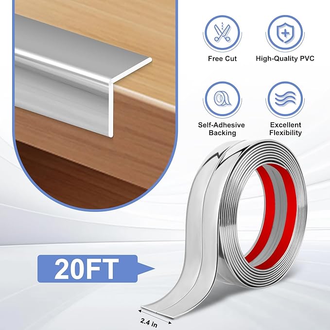 Wall Corner Protector Moulding Trim Peel and Stick Wall Corner Guards Trim Flexible Self Adhesive Edge Protector Moulding, 2.4 in x 20 Ft, Silver