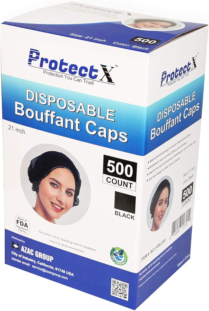 ProtectX 500-Pack Black Disposable Hair Nets, Elastic Head Cover, Bouffant Caps, Sanitation Head Cover for Food Service, Spa Men & Women - 21 inch