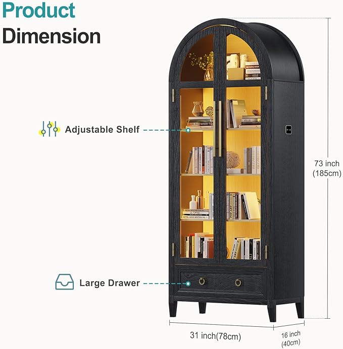 Lvifur 73" Tall Arched Display Cabinet with Glass Doors,4-Tier Curio Cabinets with 3 Color Lights for Collectibles,LED Storage Cabinet with Human Body Sensor,Ajustable Shelf for Toys, Books,Black