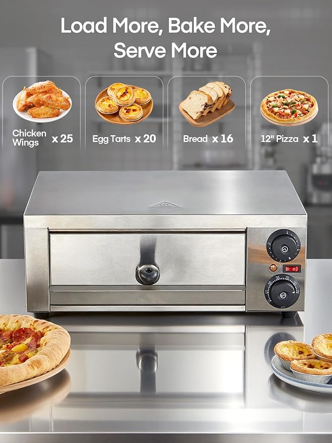 Commercial Pizza Oven, 12 Inch Pizza Oven Indoor with 662°F Max Temp, Electric Pizza Cooker with Alert Timer, 1800W Stainless Steel Pizza-Maker Machine, for Restaurant, Home, Party, Silver