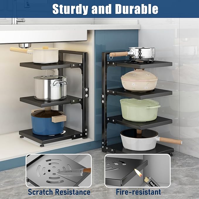 Pot Rack Organizers：CASONNIK 7-Tier Adjustable Heavy Duty Pan Organizer Rack for Cabinet ，Multiple Use Modes，Pot Rack & Pan Rack for Kitchen Counter and Cabinet