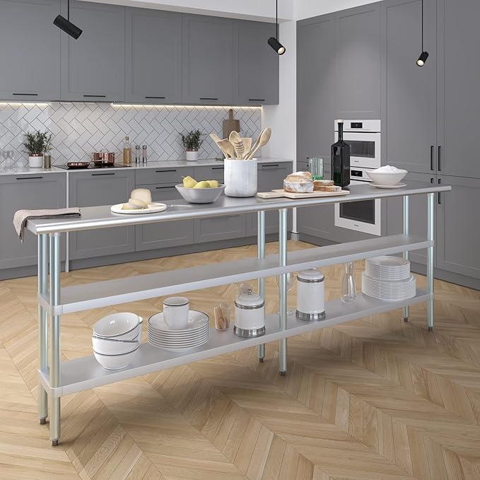 AmGood Stainless Steel Work Table with 2 Shelves | NSF | Metal Utility Table (96" Long x 14" Deep)