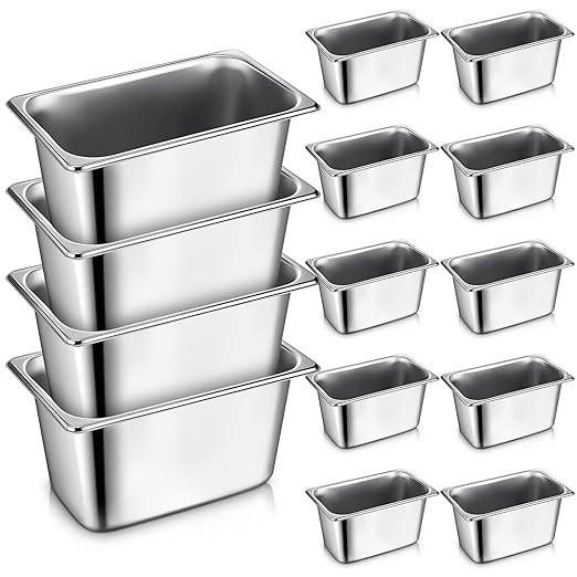 Rtteri 22 Pcs 1/9 Size 4 Inch Deep Stainless Steel Hotel Pans Set: 16 Metal Buffet Steam Table Pans with 2 Tongs & 4 Spoons – Stackable & Anti Jam, Commercial Restaurant Catering Kitchen Food Prep